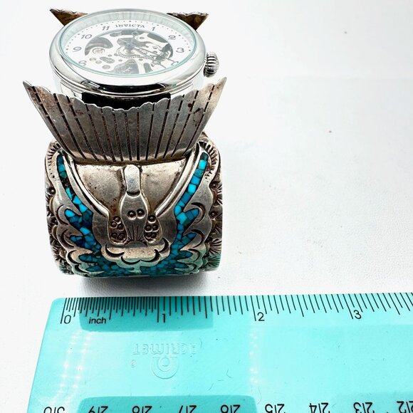 Native American Peyote Bird Coral Turquoise Sterling Silver Watch Cuff 133 Grams - Picture 9 of 9